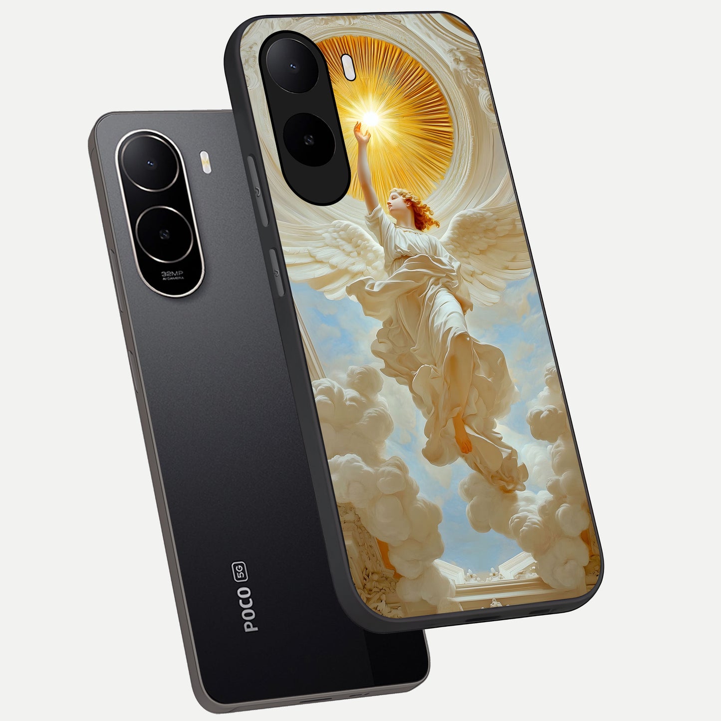  Divine Light Angel phone case For Poco C85x showing premium glass back cover with detailed artwork