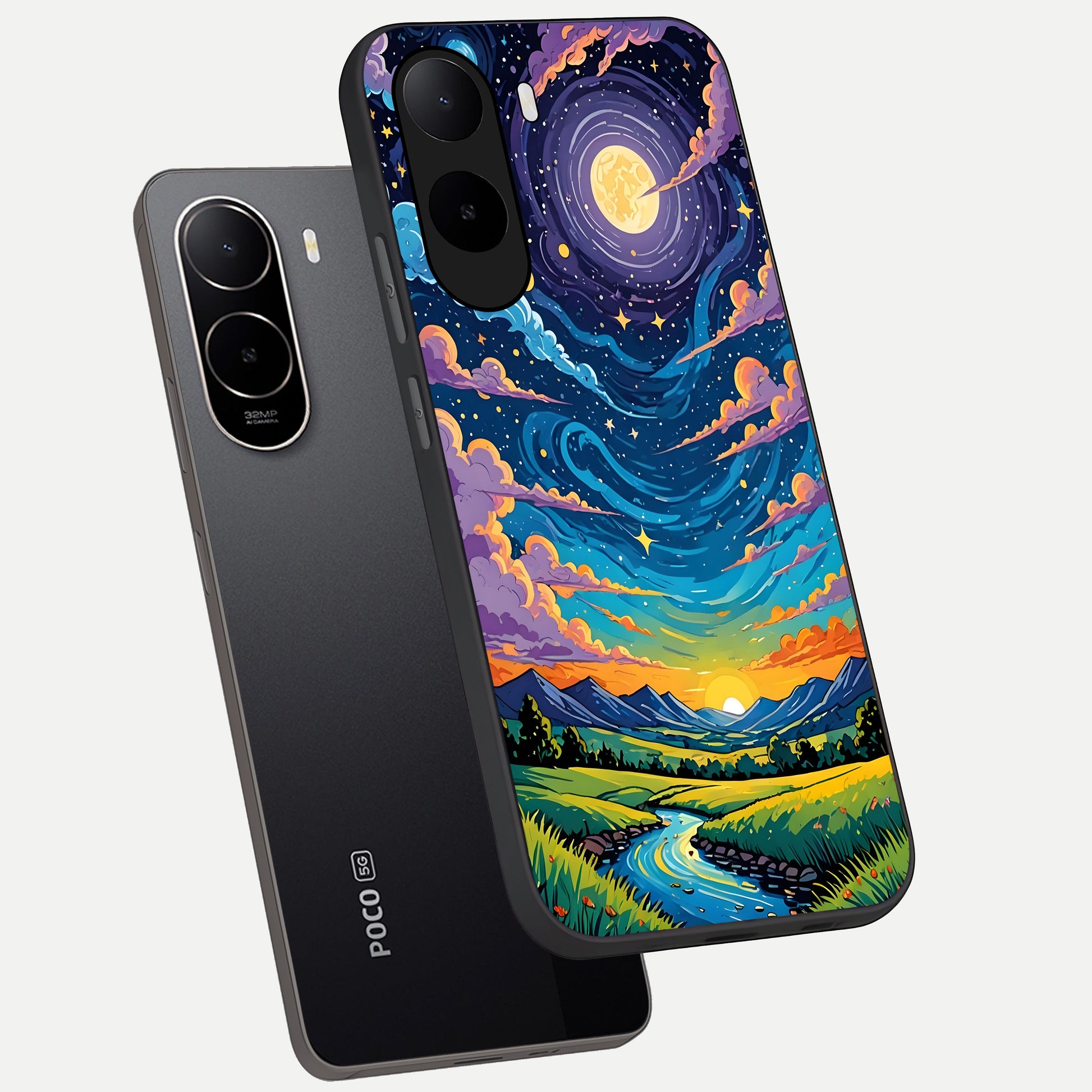  Dreamy Night Landscape phone case For Poco C85x showing premium glass back cover with detailed artwork