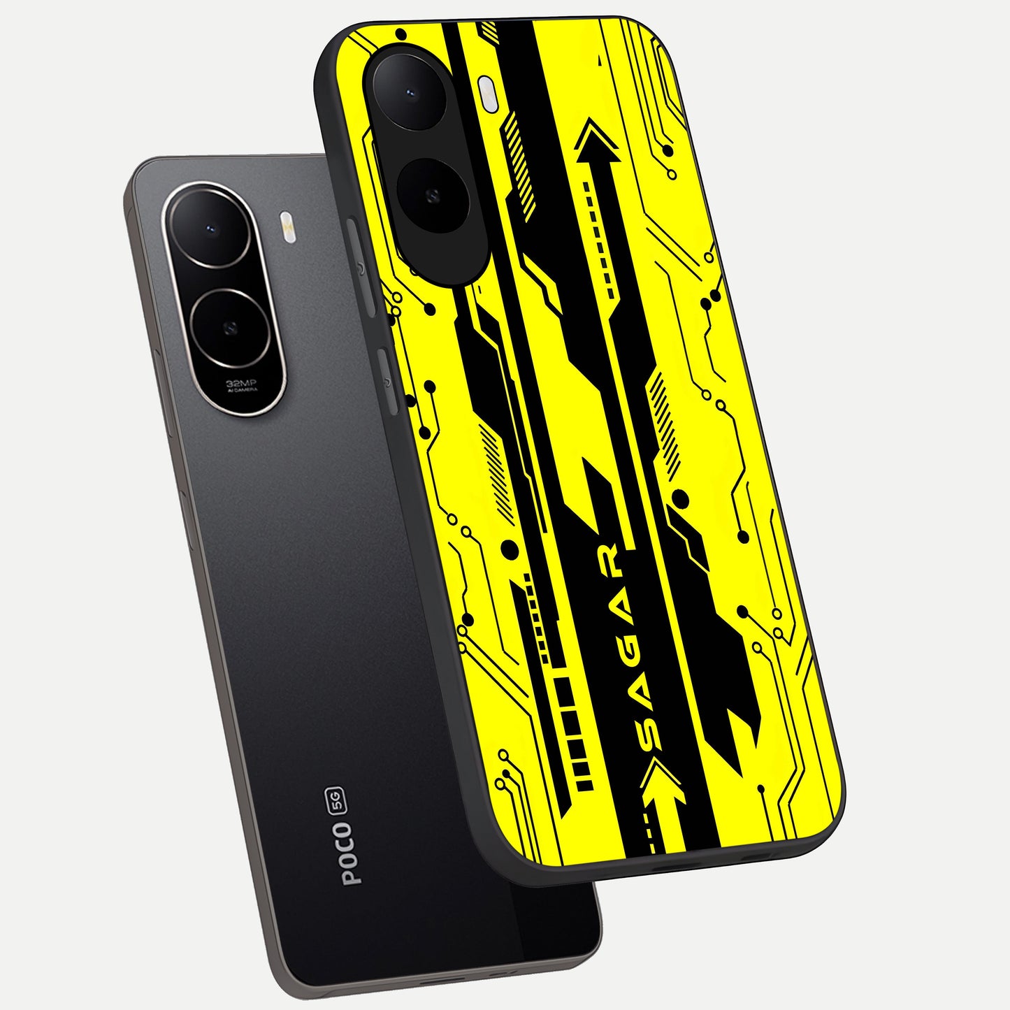  Electric Pulse CYBERPUNK Custom Name phone case For Poco C85x showing premium glass back cover with detailed artwork