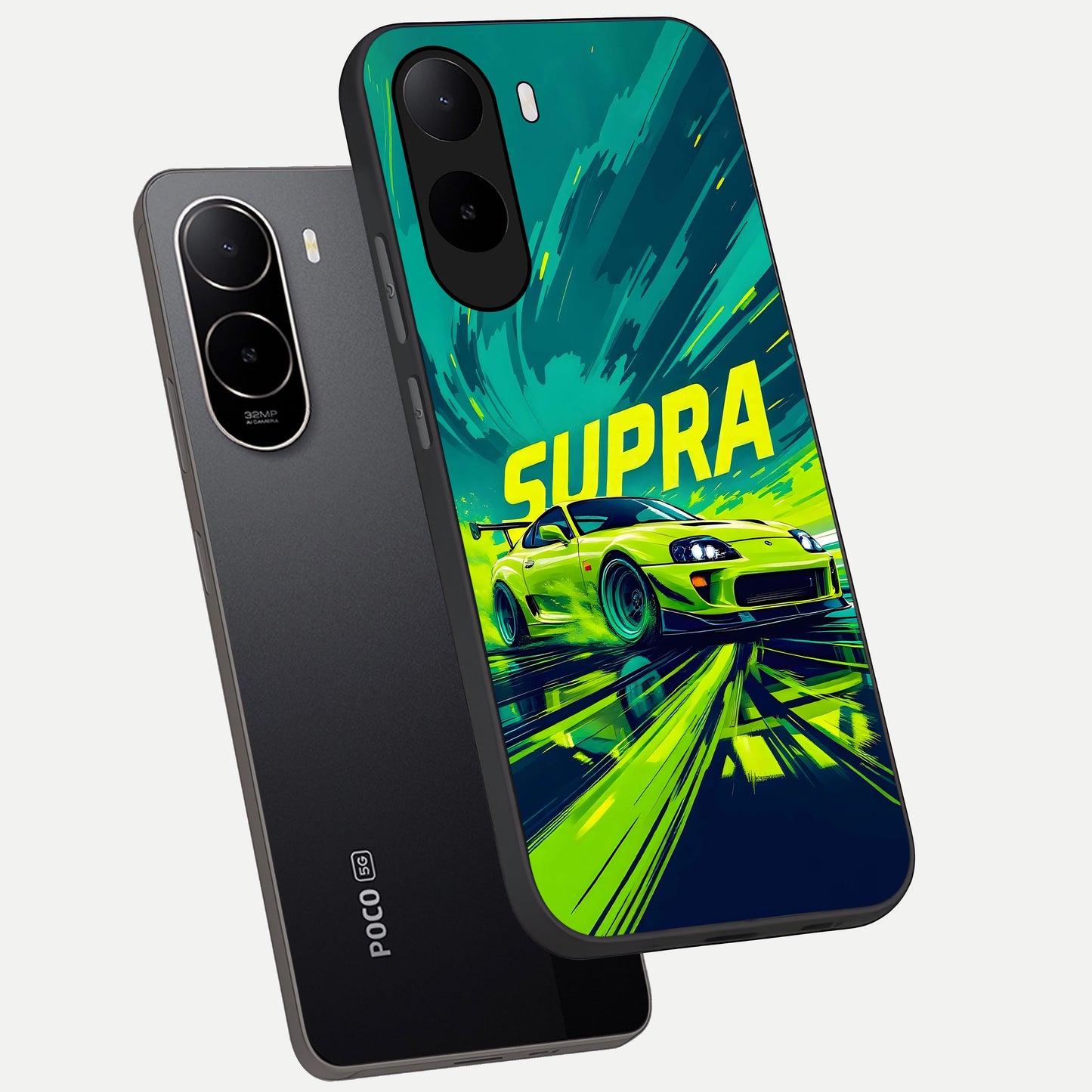 Electric Supra Thunder phone case For Poco C85x showing premium glass back cover with detailed artwork