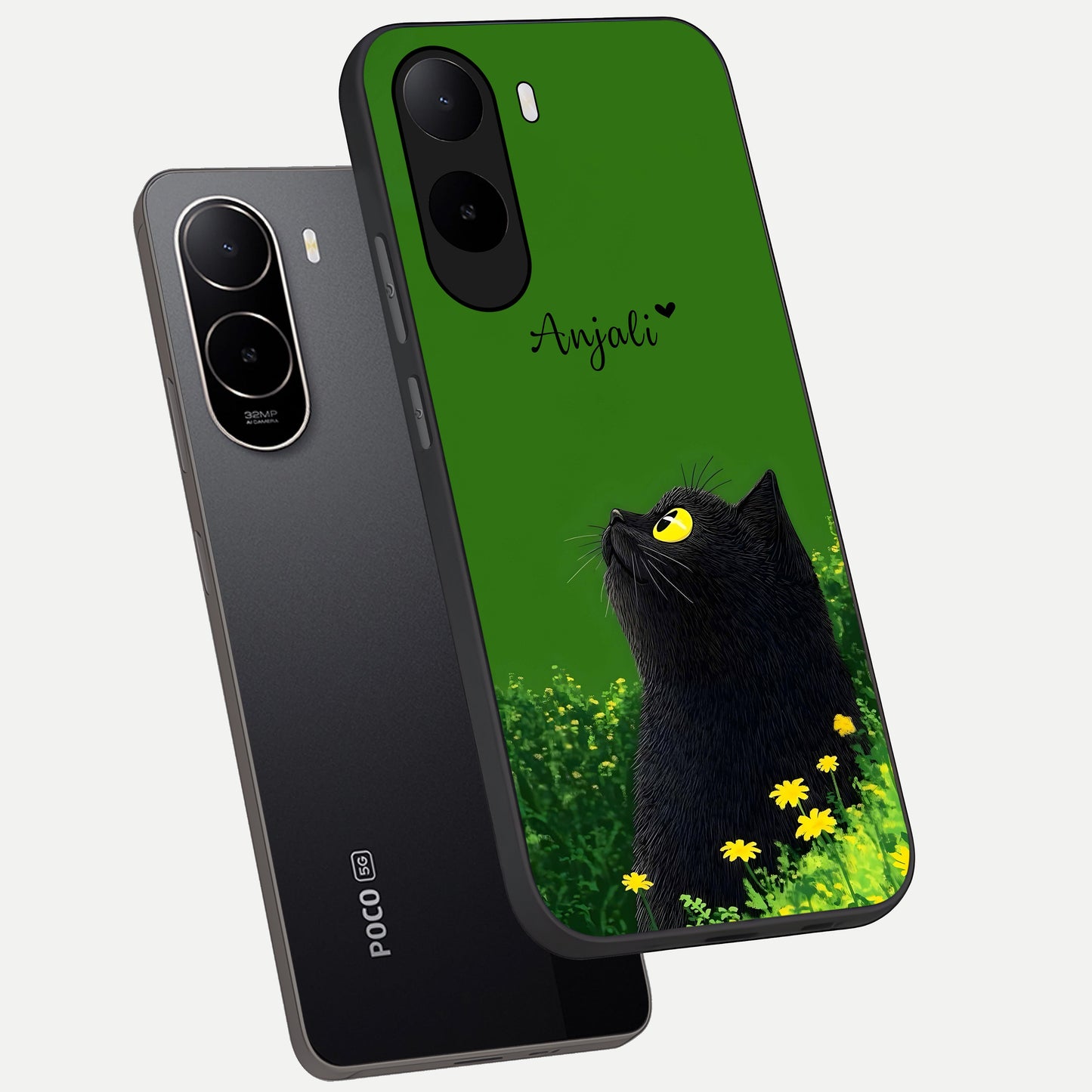  Emerald Cat Custom Name phone case For Poco C85x showing premium glass back cover with detailed artwork