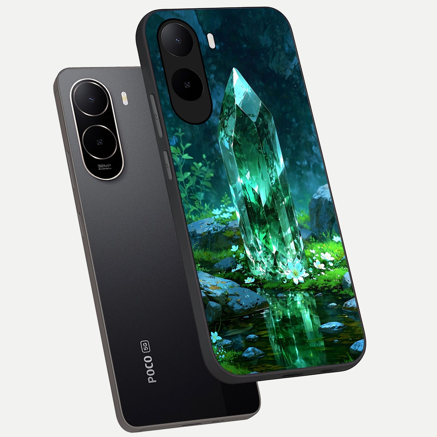  Emerald Light Crystal phone case For Poco C85x showing premium glass back cover with detailed artwork