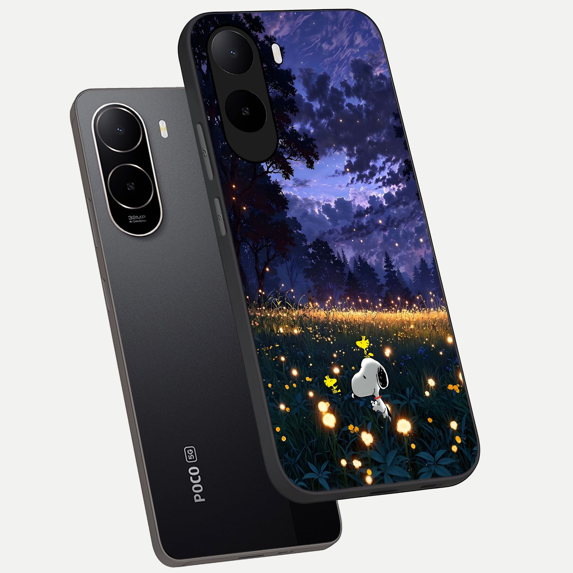  Firefly Meadow Magic phone case For Poco C85x showing premium glass back cover with detailed artwork