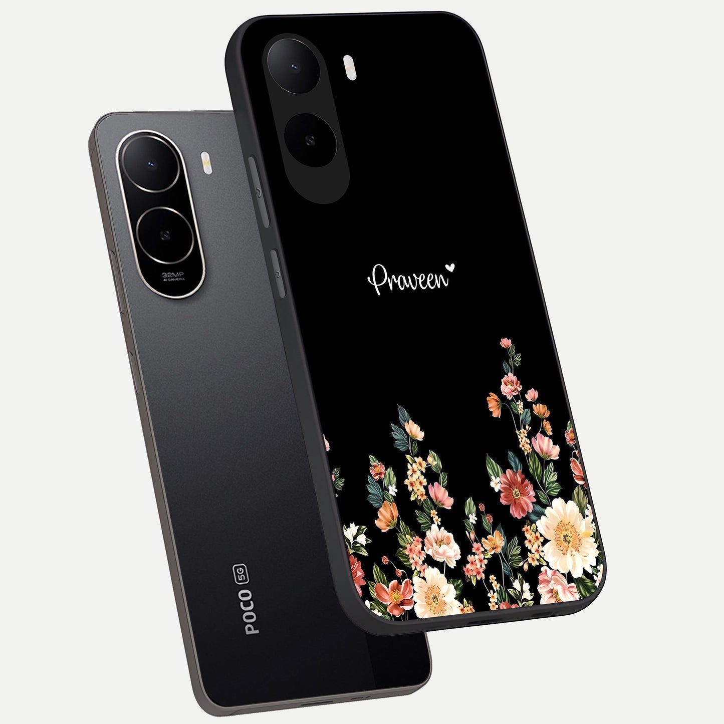  Floral Design Personalized Custom Name phone case For Poco C85x showing premium glass back cover with detailed artwork