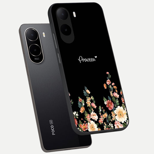  Floral Design Personalized Custom Name phone case For Poco C85x showing premium glass back cover with detailed artwork