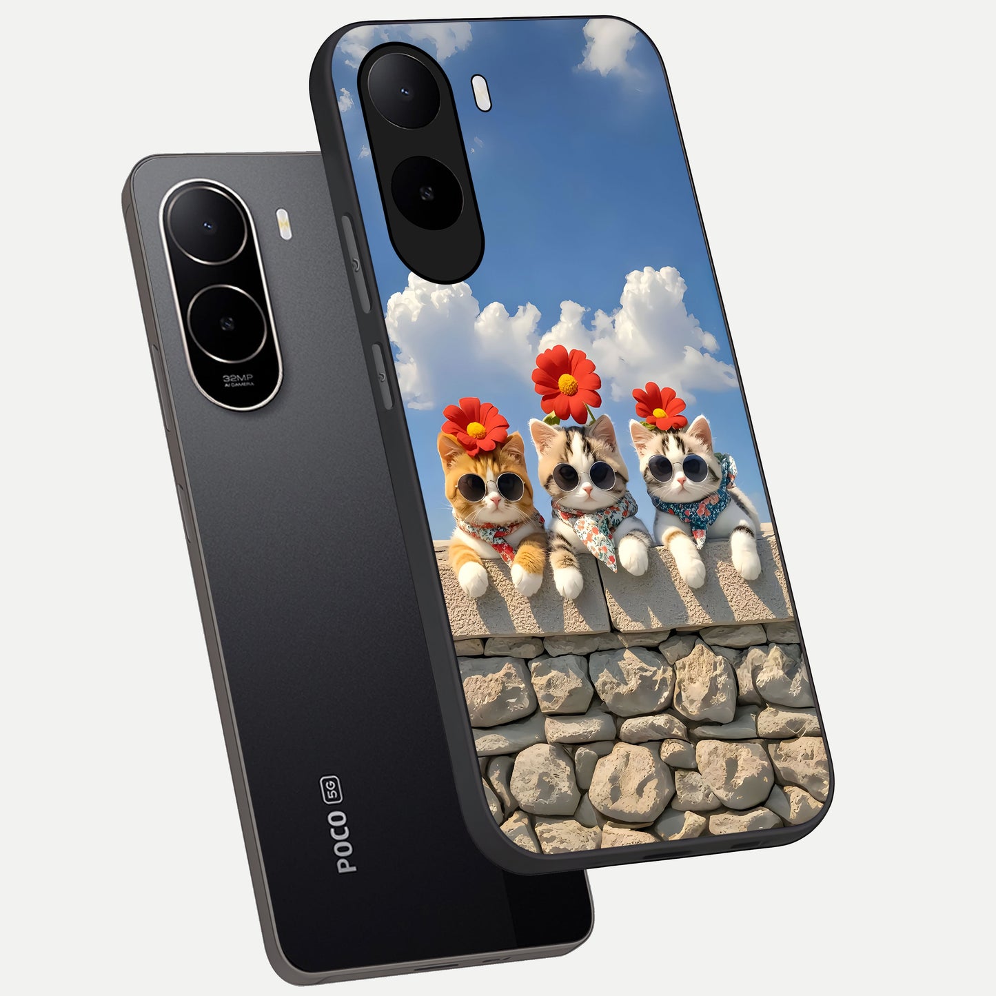  Floral Kitty Squad phone case For Poco C85x showing premium glass back cover with detailed artwork