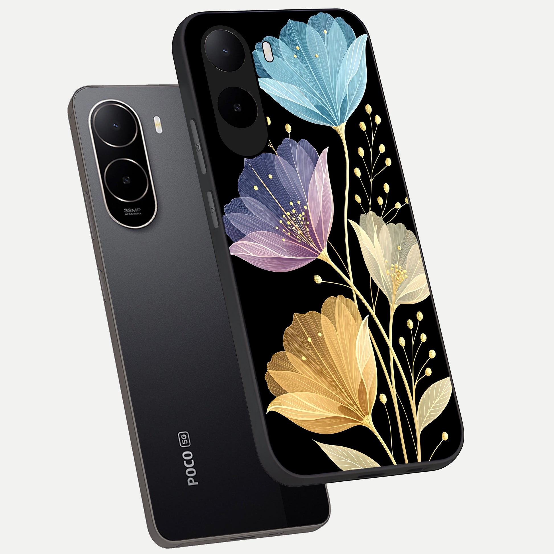  Flower Bloom Glow phone case For Poco C85x showing premium glass back cover with detailed artwork