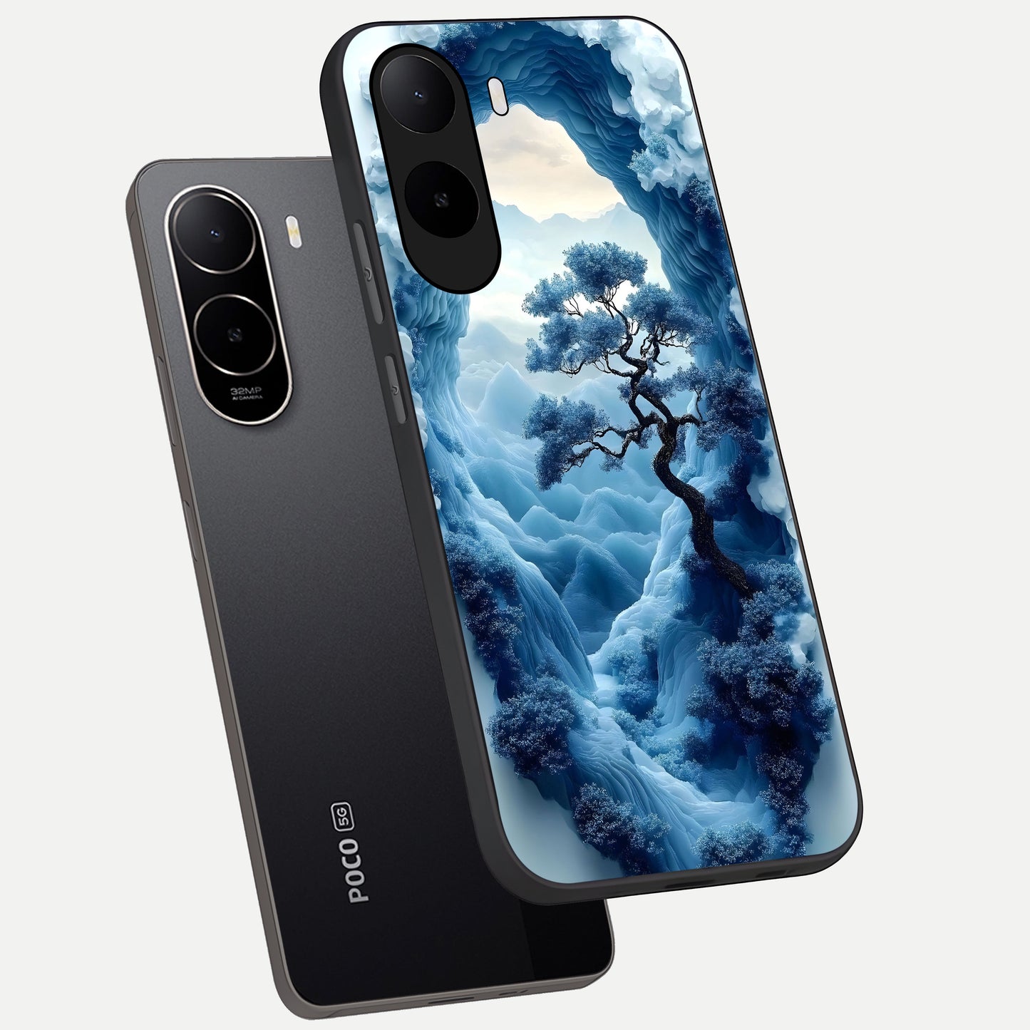  Frozen Serenity Gate phone case For Poco C85x showing premium glass back cover with detailed artwork