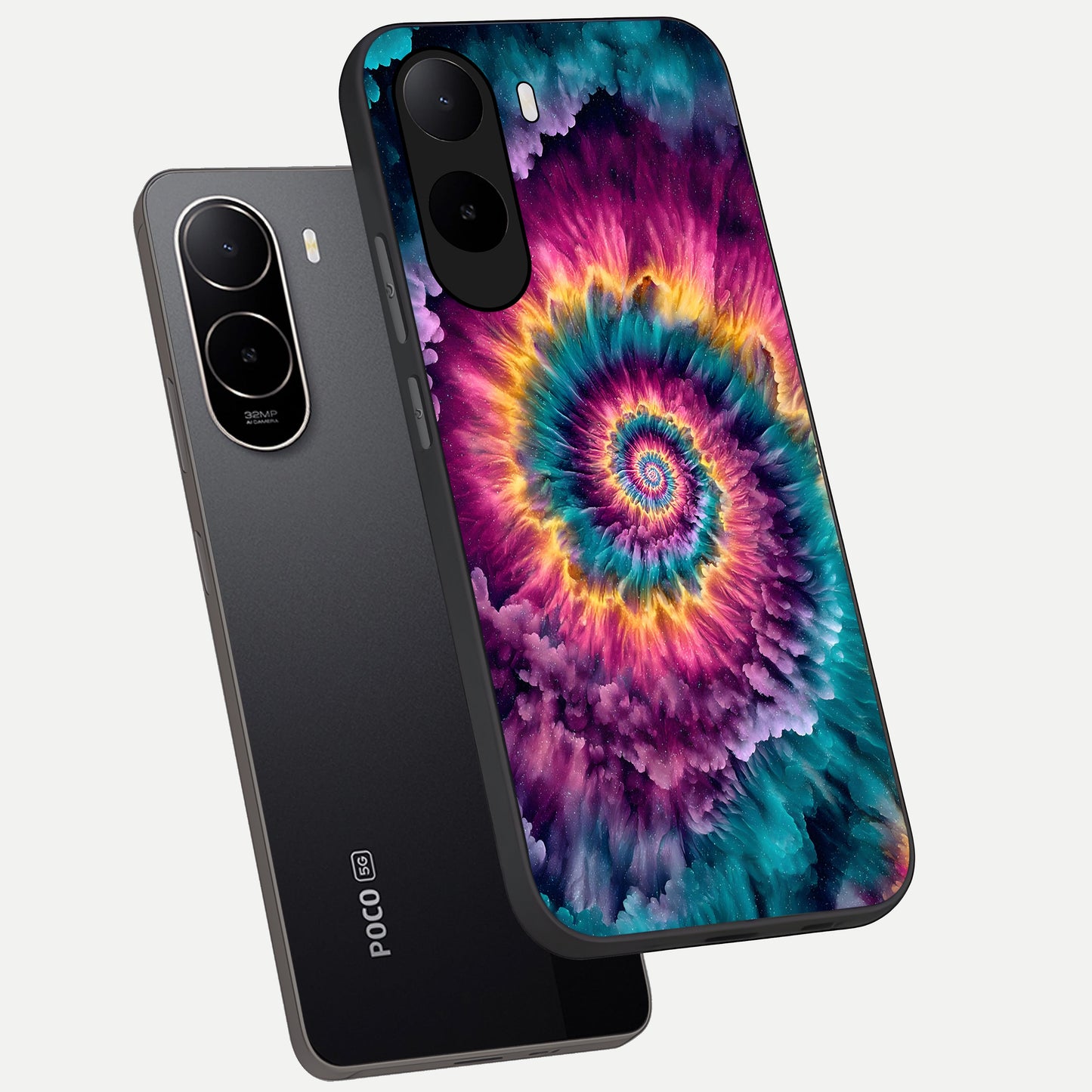  Galactic Spiral Burst phone case For Poco C85x showing premium glass back cover with detailed artwork