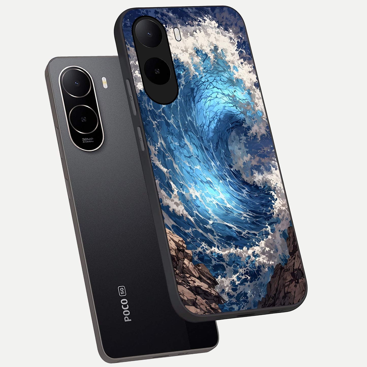  Giant Ocean Wave phone case For Poco C85x showing premium glass back cover with detailed artwork