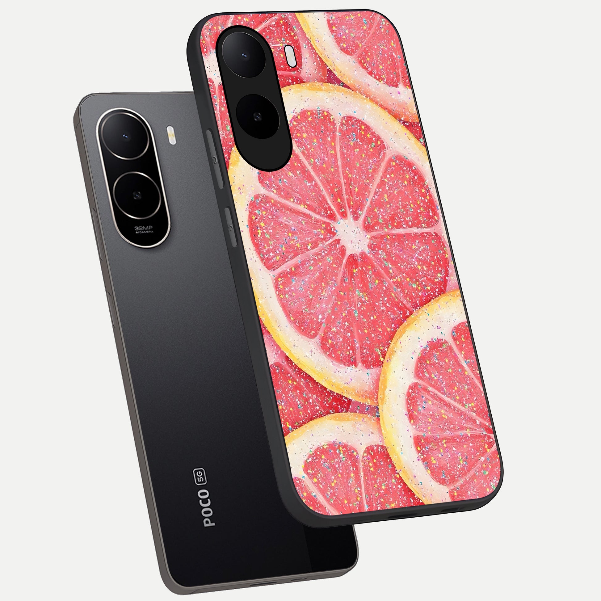  Glitter Grapefruit phone case For Poco C85x showing premium glass back cover with detailed artwork