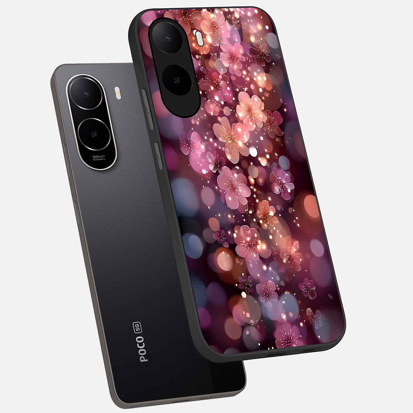  Glowing Petal Bliss phone case For Poco C85x showing premium glass back cover with detailed artwork