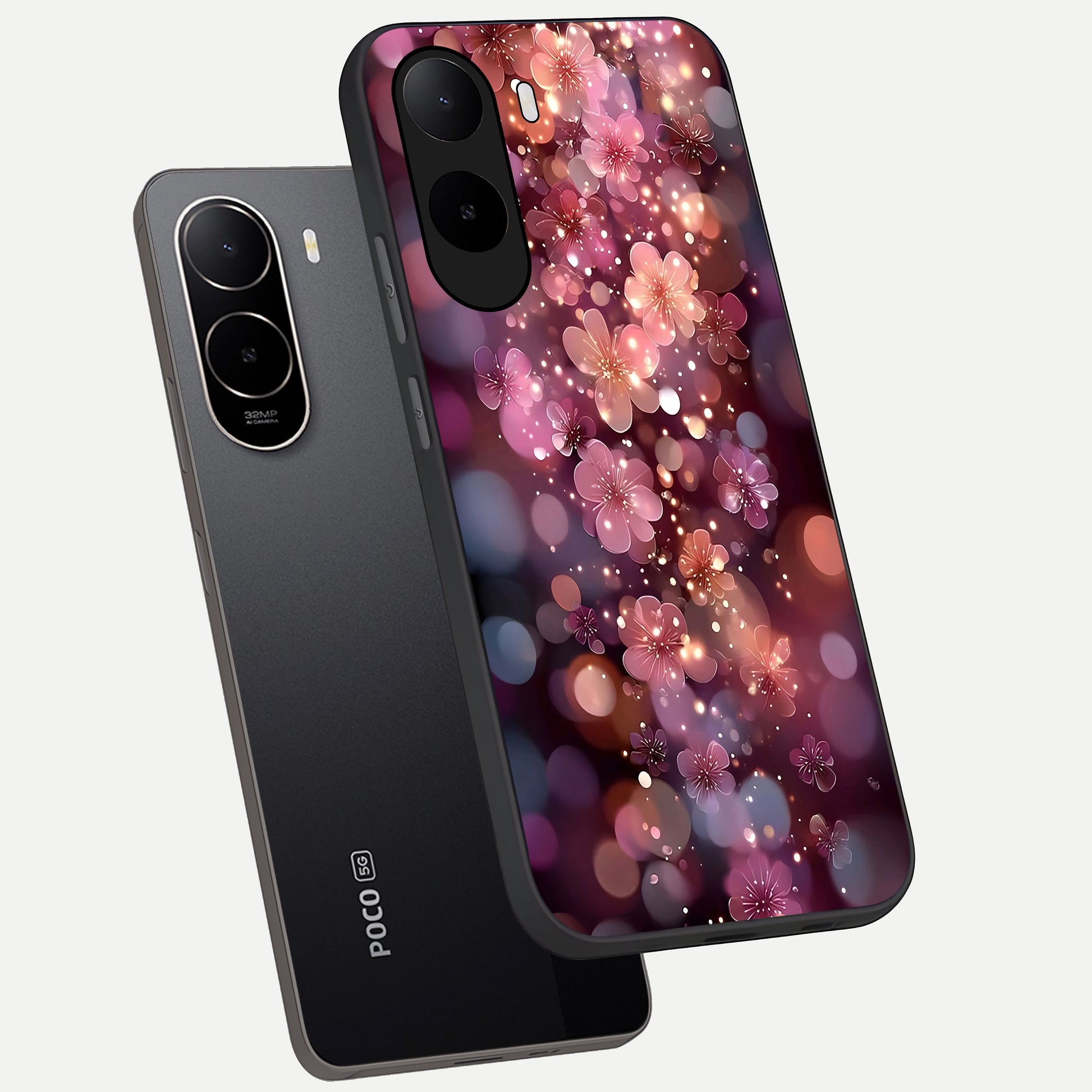  Glowing Petal Bliss phone case For Poco C85x showing premium glass back cover with detailed artwork