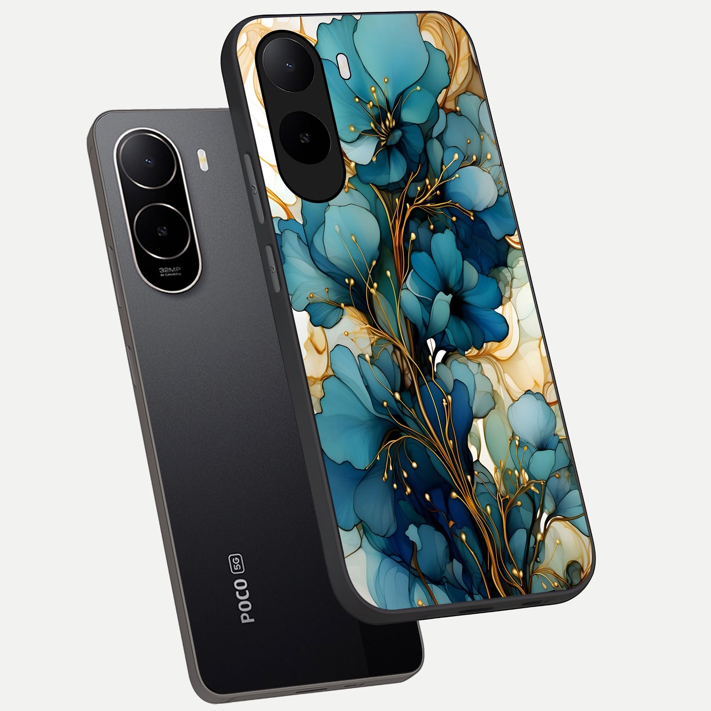  Golden Bloom Symphony phone case For Poco C85x showing premium glass back cover with detailed artwork