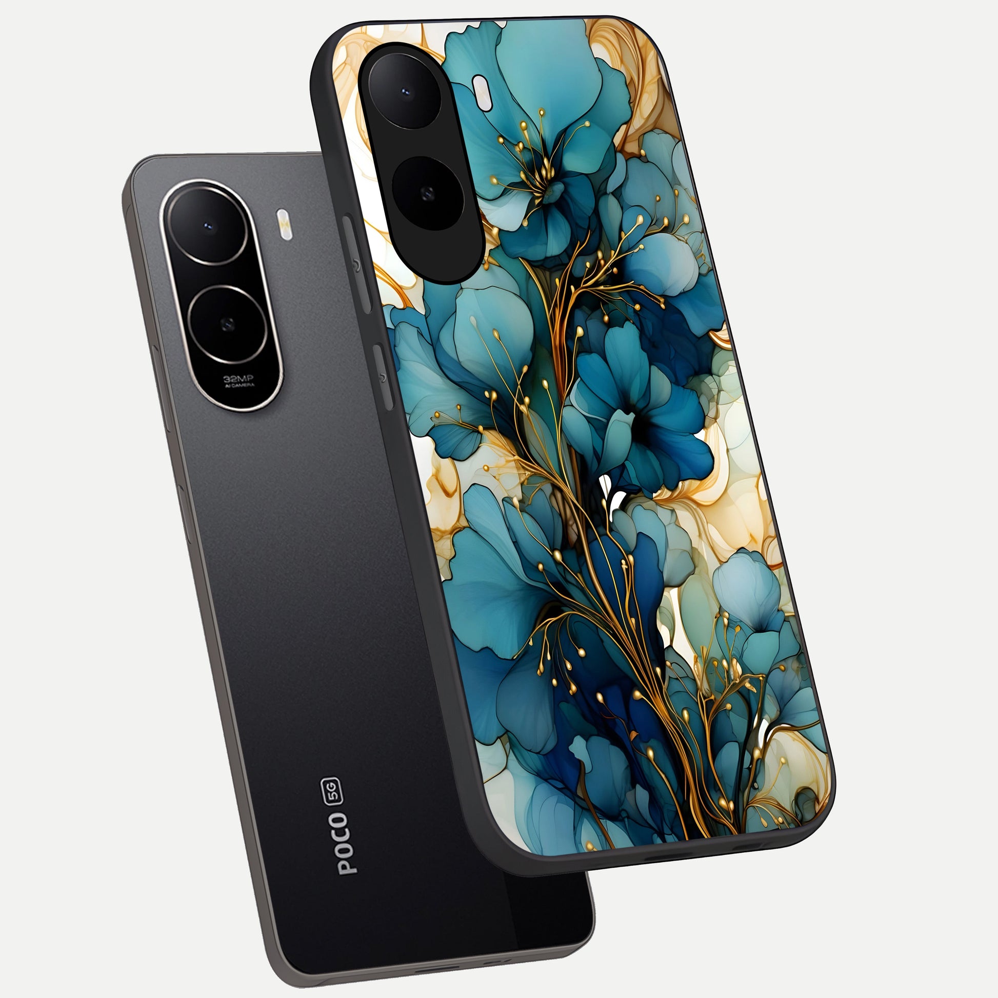  Golden Bloom Symphony phone case For Poco C85x showing premium glass back cover with detailed artwork