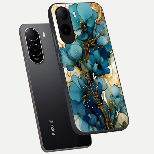  Golden Bloom Symphony phone case For Poco C85x showing premium glass back cover with detailed artwork