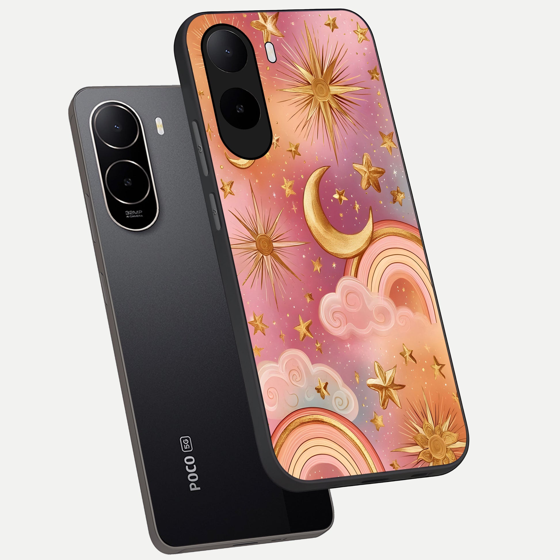  Golden Celestial Dreams phone case For Poco C85x showing premium glass back cover with detailed artwork