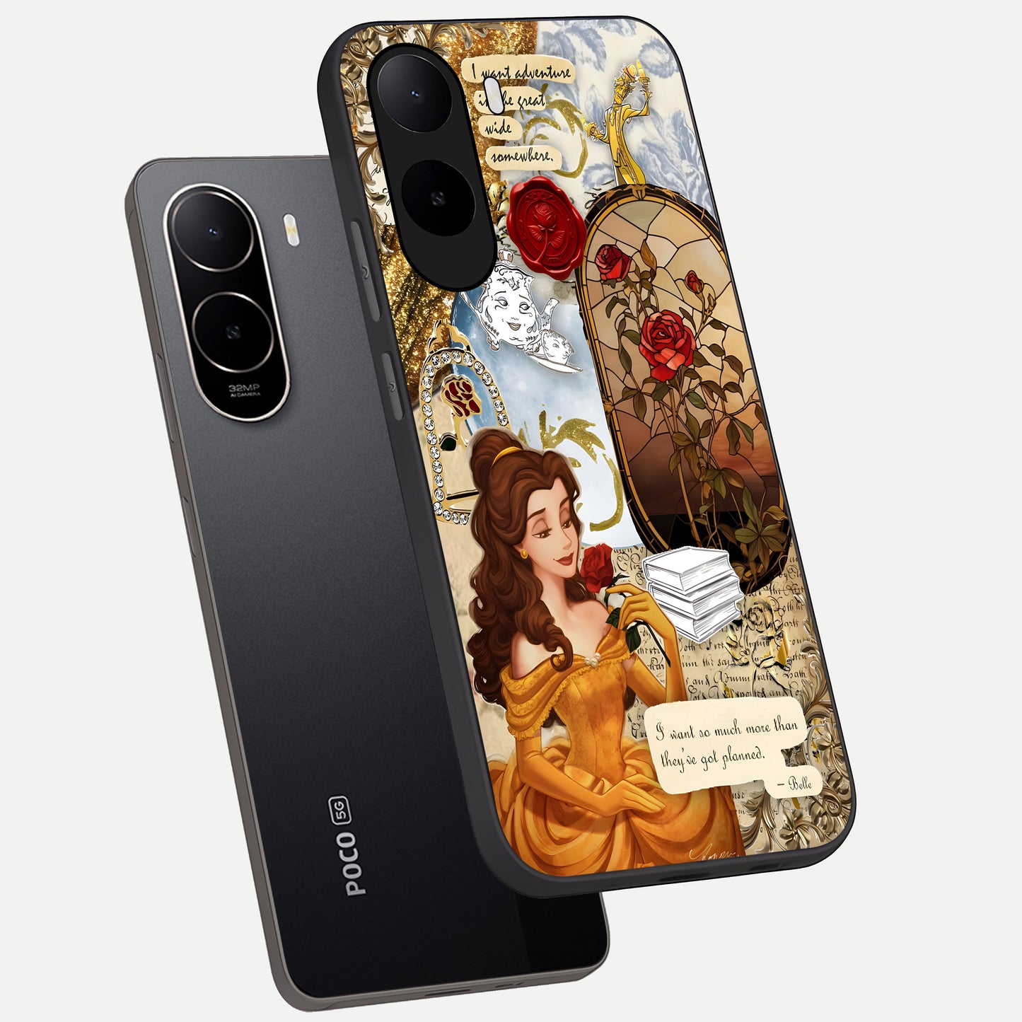  Golden Dream Belle phone case For Poco C85x showing premium glass back cover with detailed artwork
