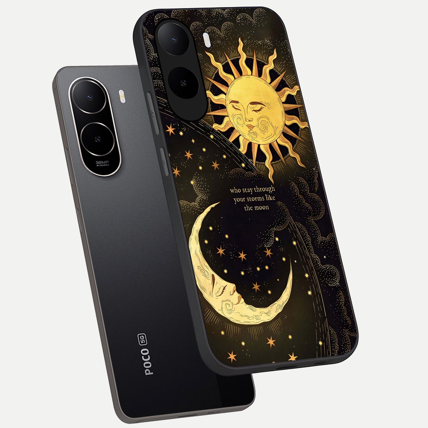  Golden Lunar Love phone case For Poco C85x showing premium glass back cover with detailed artwork