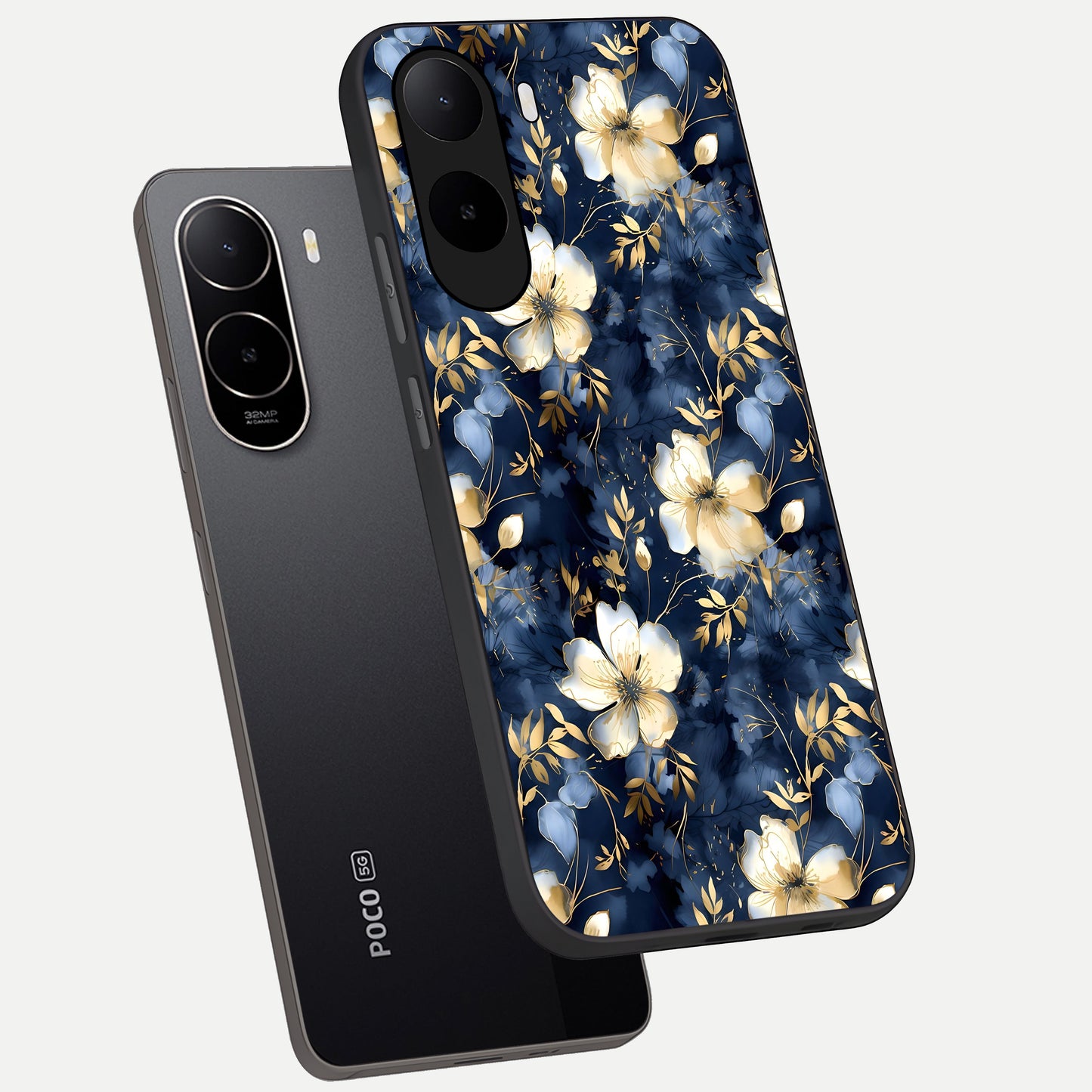  Golden Midnight Bloom phone case For Poco C85x showing premium glass back cover with detailed artwork