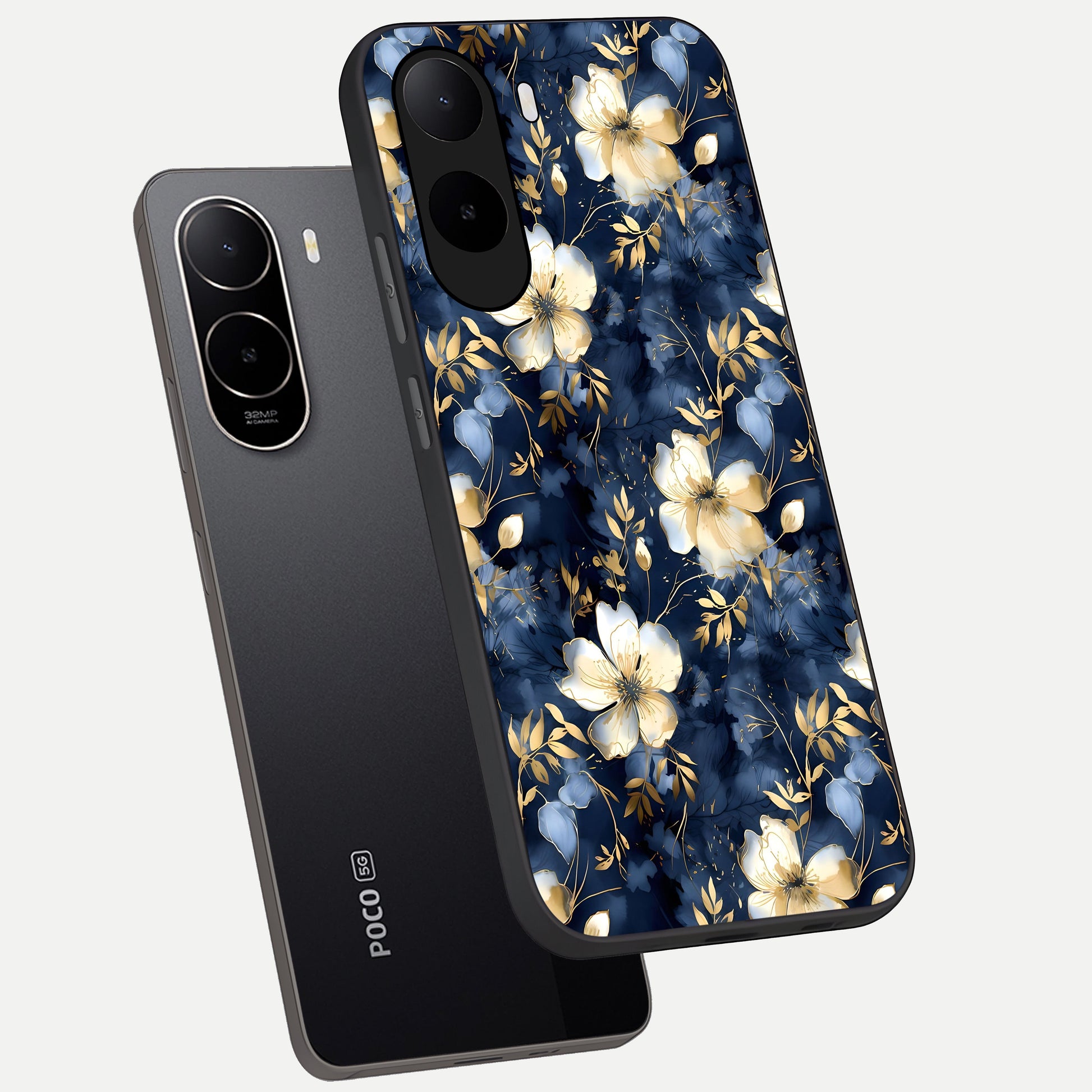  Golden Midnight Bloom phone case For Poco C85x showing premium glass back cover with detailed artwork