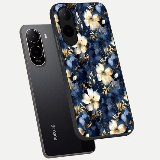  Golden Midnight Bloom phone case For Poco C85x showing premium glass back cover with detailed artwork