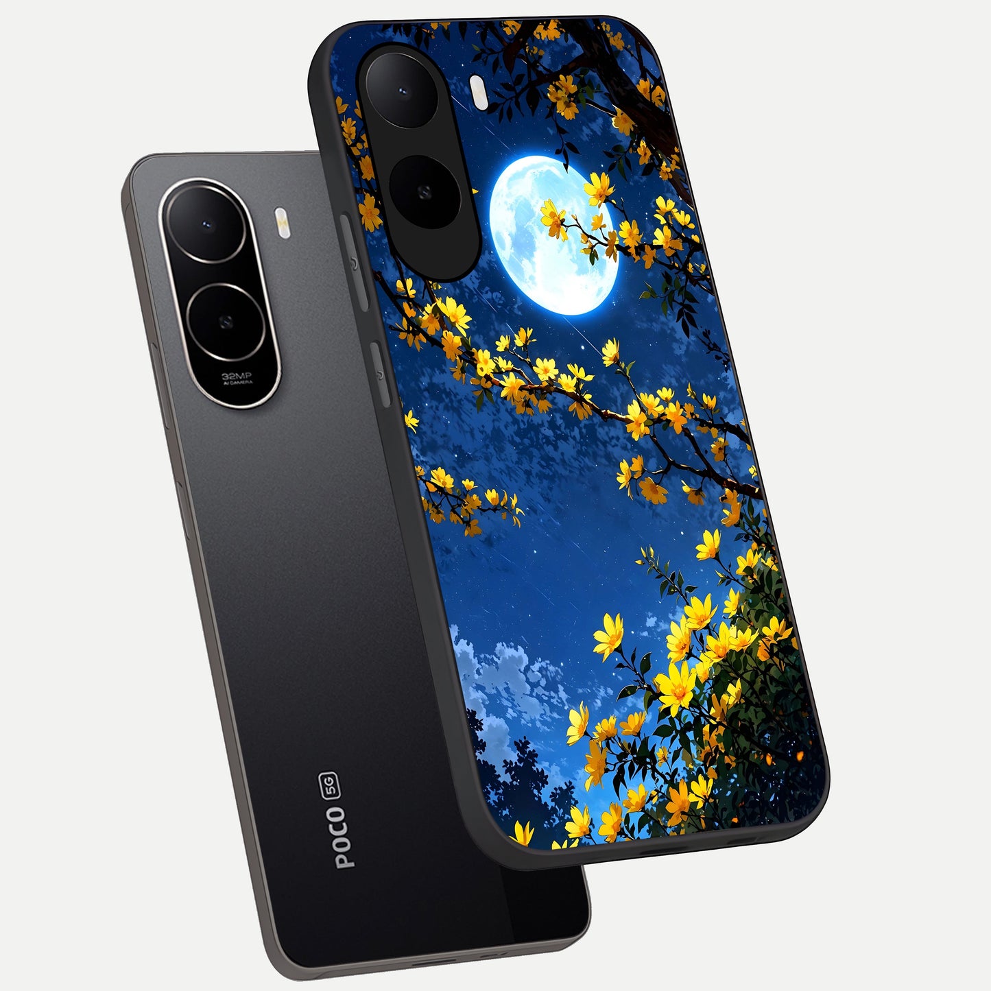  Golden Night Glow phone case For Poco C85x showing premium glass back cover with detailed artwork