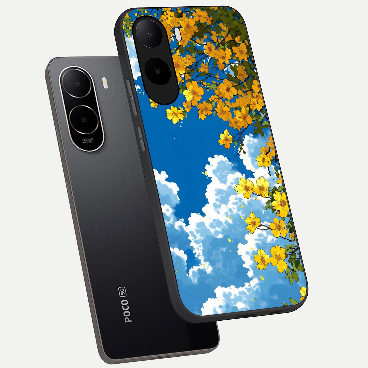  Golden Petal Sky phone case For Poco C85x showing premium glass back cover with detailed artwork