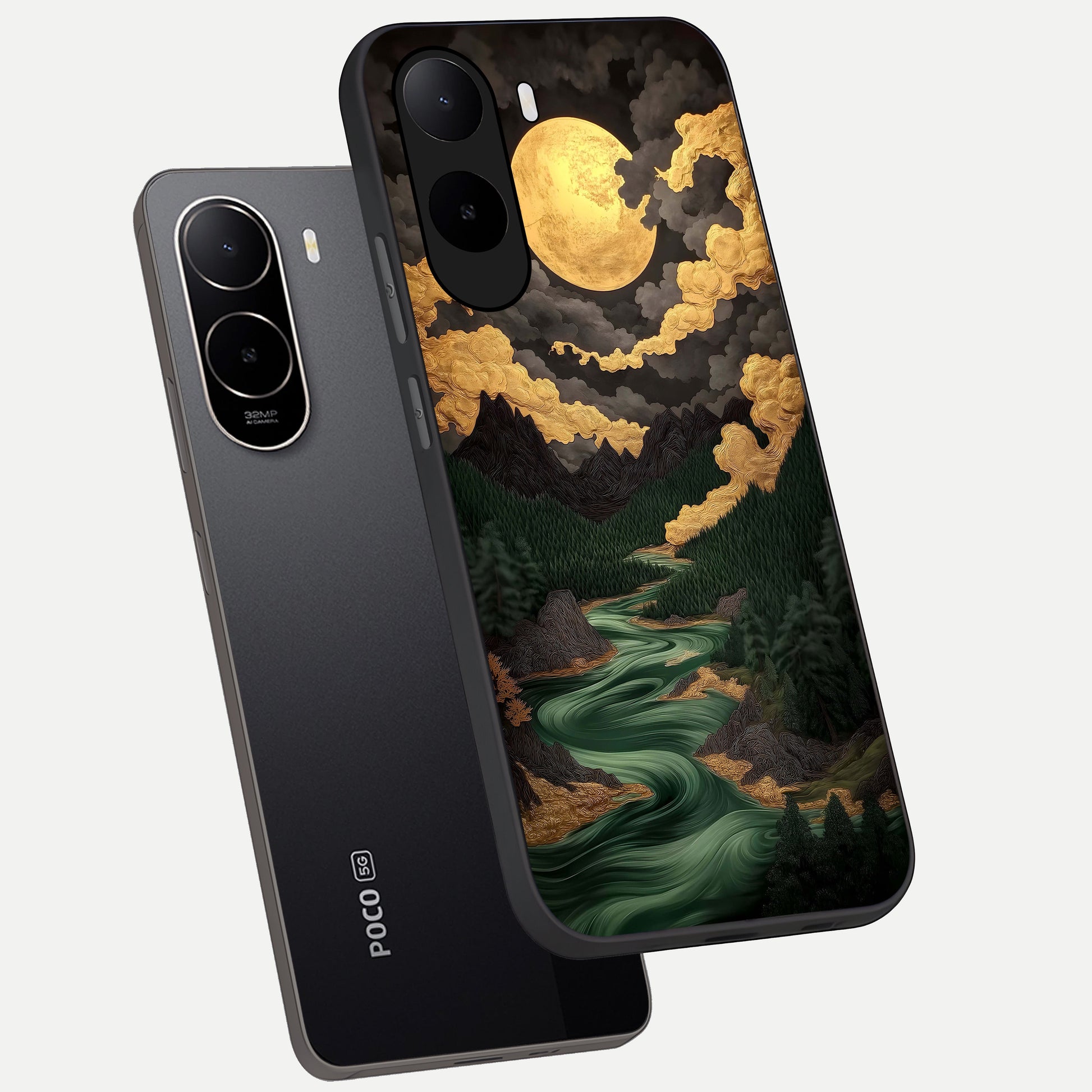  Golden River Moon phone case For Poco C85x showing premium glass back cover with detailed artwork
