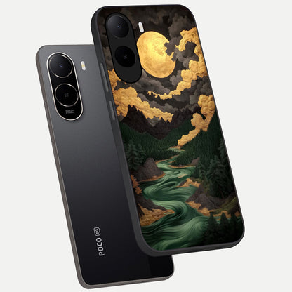  Golden River Moon phone case For Poco C85x showing premium glass back cover with detailed artwork