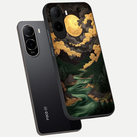 Golden River Moon phone case For Poco C85x showing premium glass back cover with detailed artwork