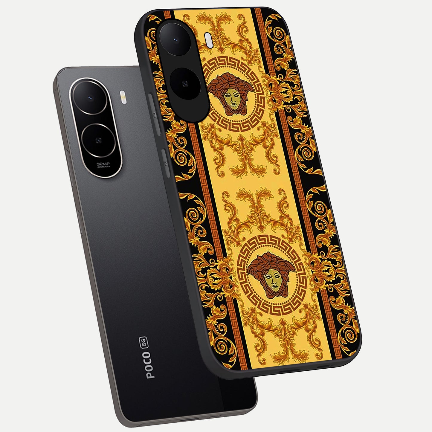  Golden Royal Heritage phone case For Poco C85x showing premium glass back cover with detailed artwork