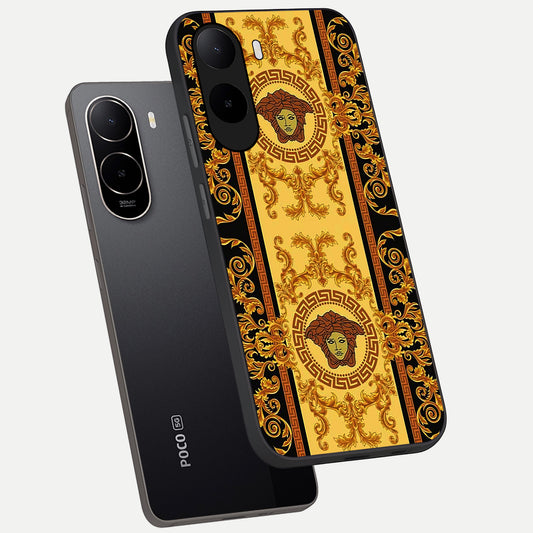  Golden Royal Heritage phone case For Poco C85x showing premium glass back cover with detailed artwork
