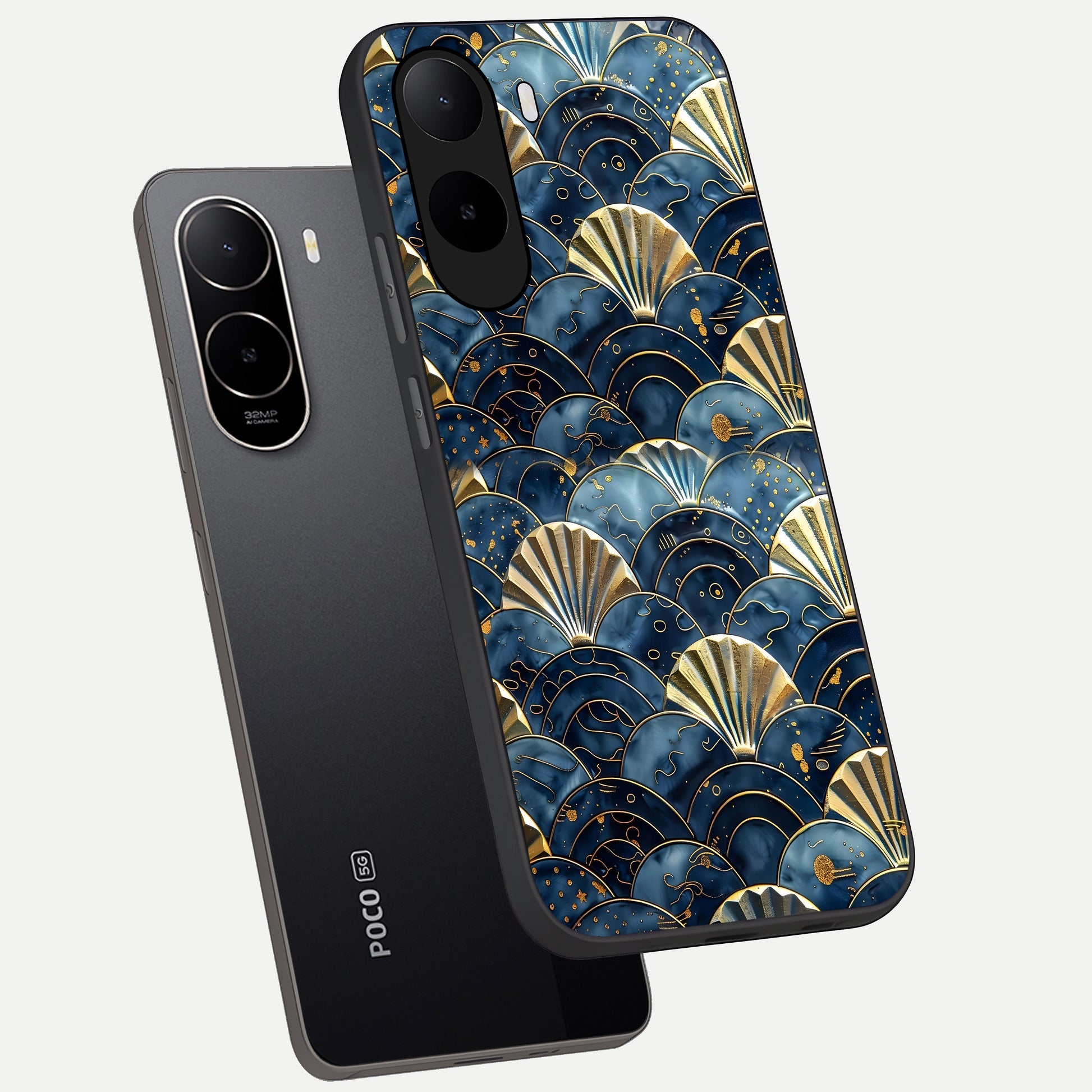  Golden Wave Luxe phone case For Poco C85x showing premium glass back cover with detailed artwork