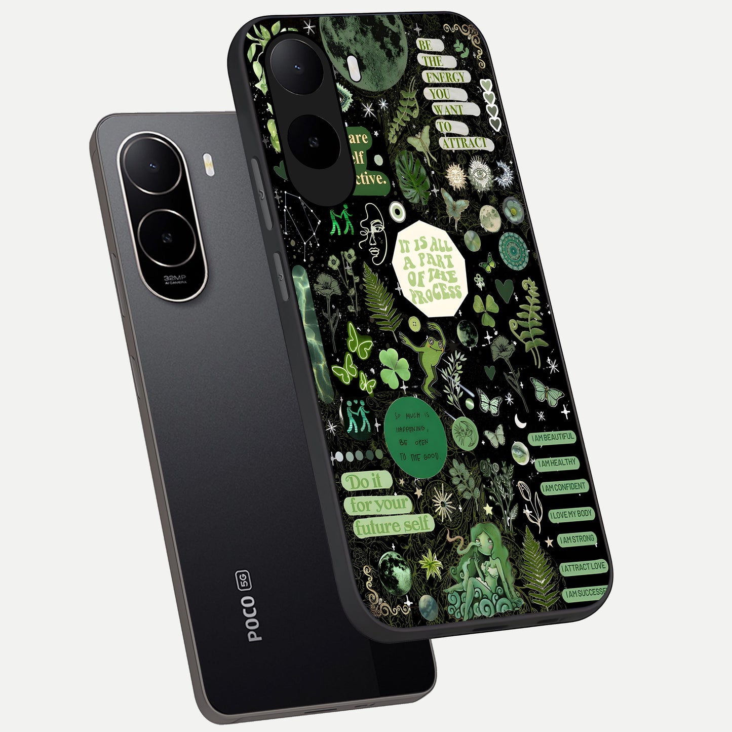  Green Mandala Pattern phone case For Poco C85x showing premium glass back cover with detailed artwork