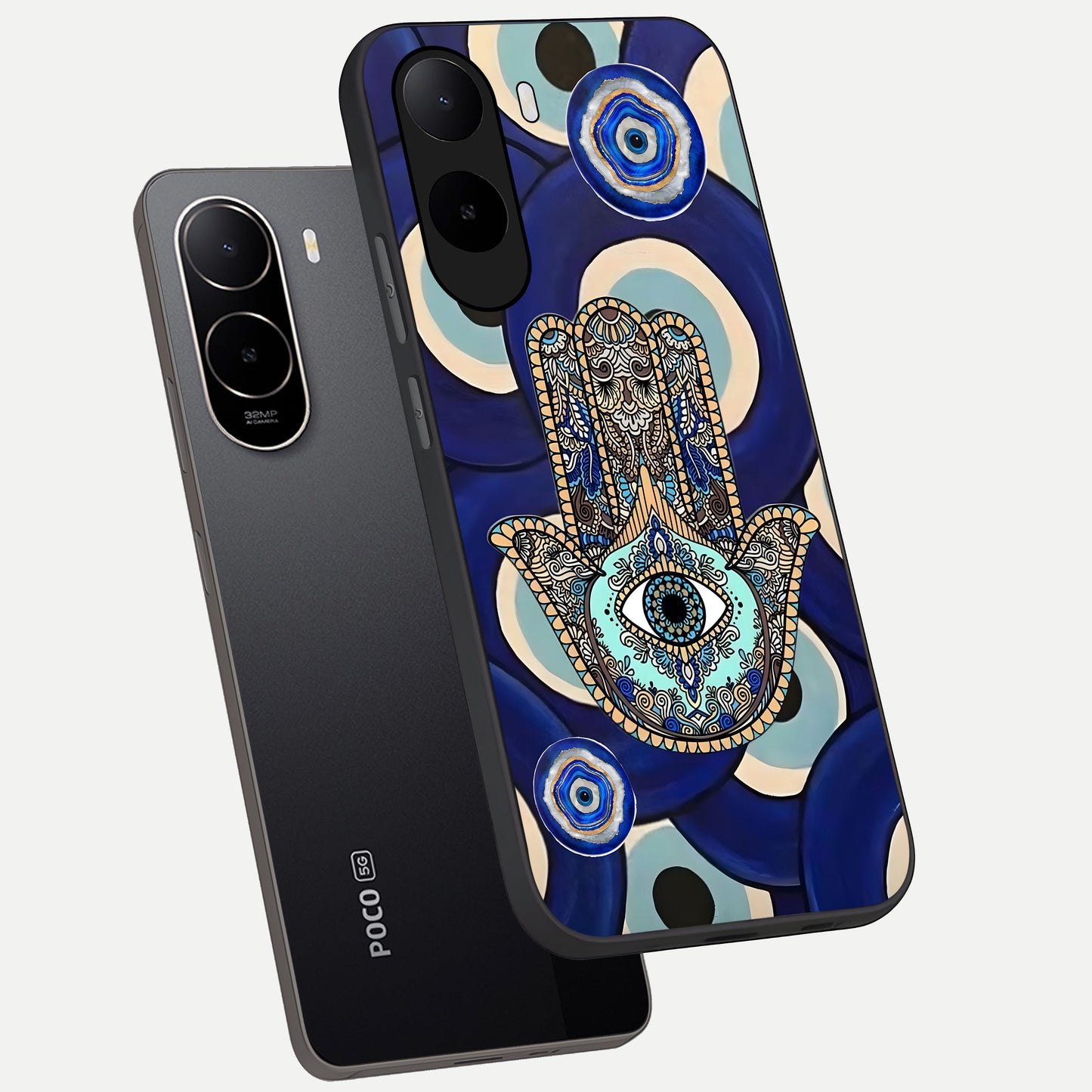  Hamsa Divine Guard phone case For Poco C85x showing premium glass back cover with detailed artwork
