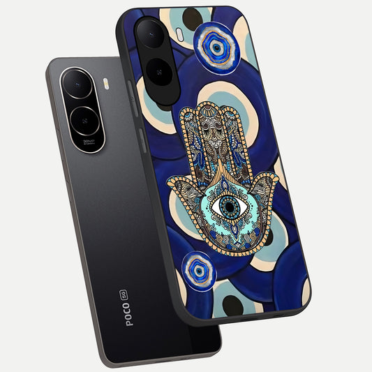 Hamsa Divine Guard phone case For Poco C85x showing premium glass back cover with detailed artwork