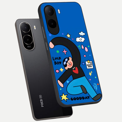  Happy Luck Vibe phone case For Poco C85x showing premium glass back cover with detailed artwork