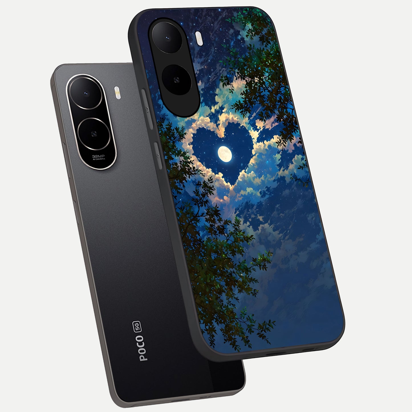  Heart With Moon Sky phone case For Poco C85x showing premium glass back cover with detailed artwork