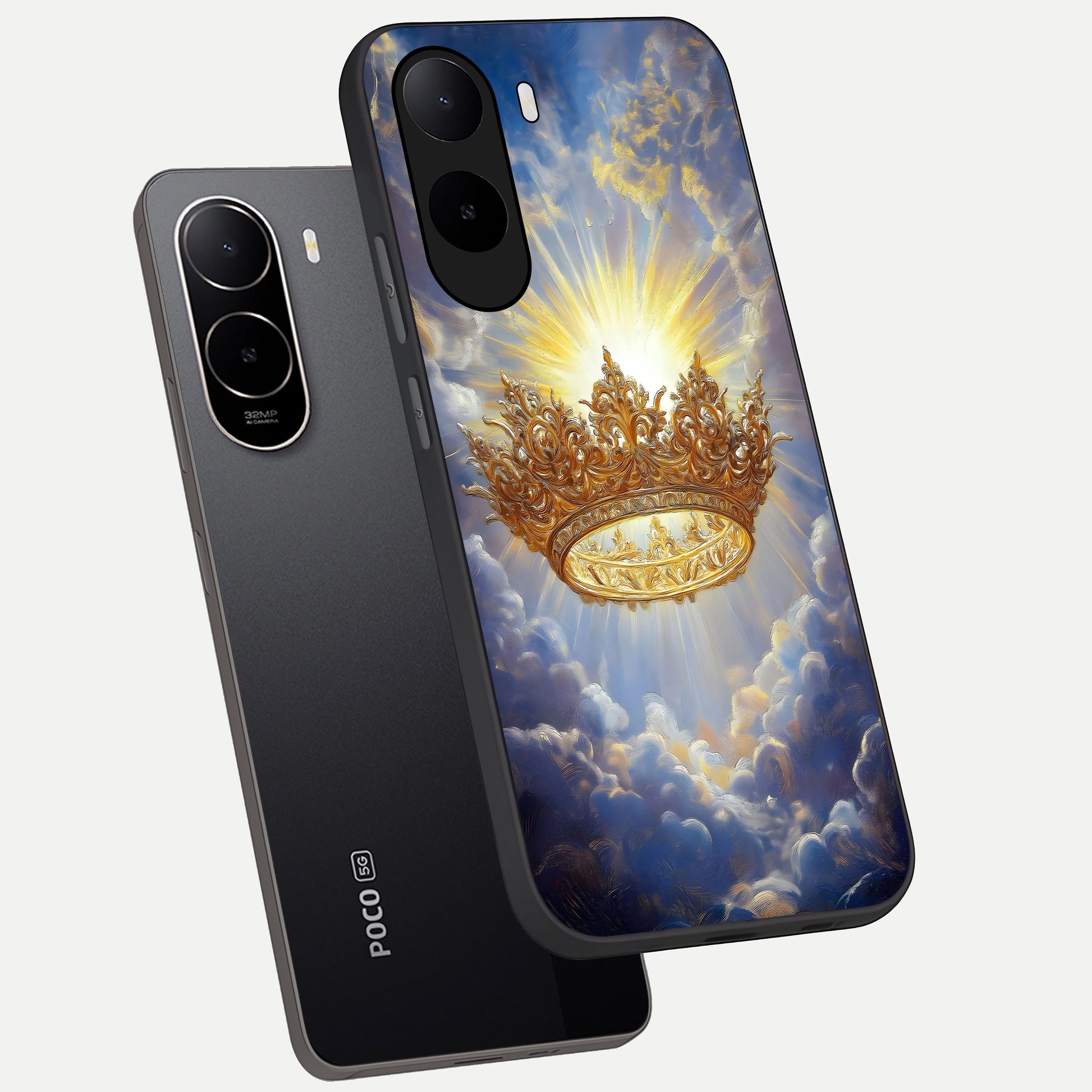  Heavenly Crown Light phone case For Poco C85x showing premium glass back cover with detailed artwork