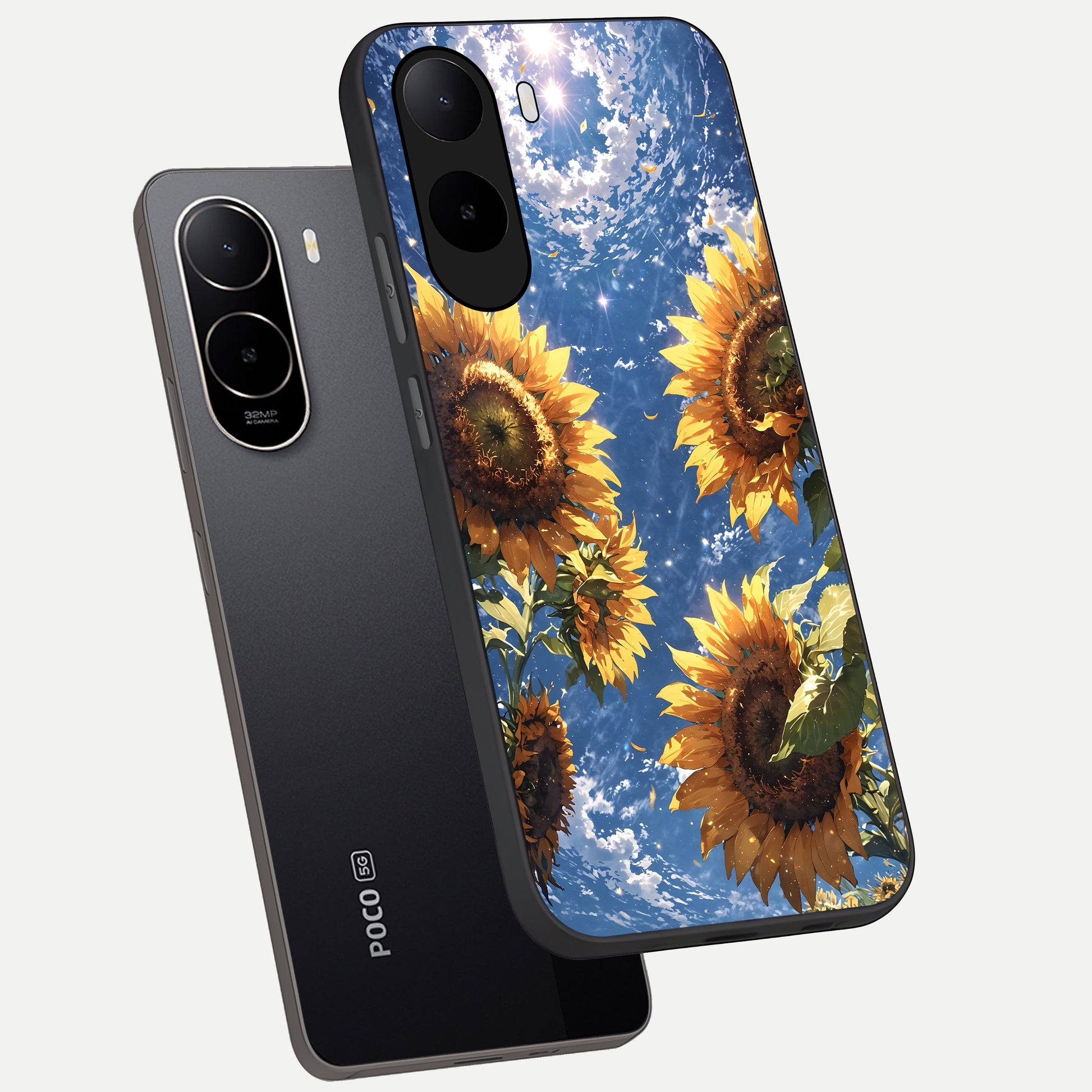  Heavenly Sunflower Rise phone case For Poco C85x showing premium glass back cover with detailed artwork