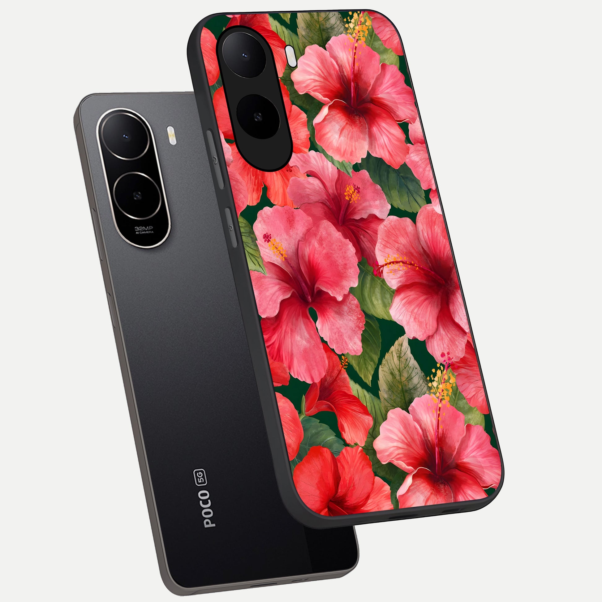  Hibiscus Pattern phone case For Poco C85x showing premium glass back cover with detailed artwork