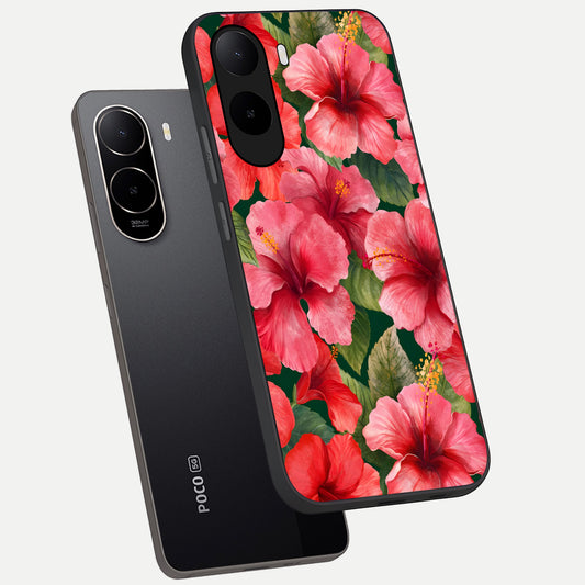  Hibiscus Pattern phone case For Poco C85x showing premium glass back cover with detailed artwork