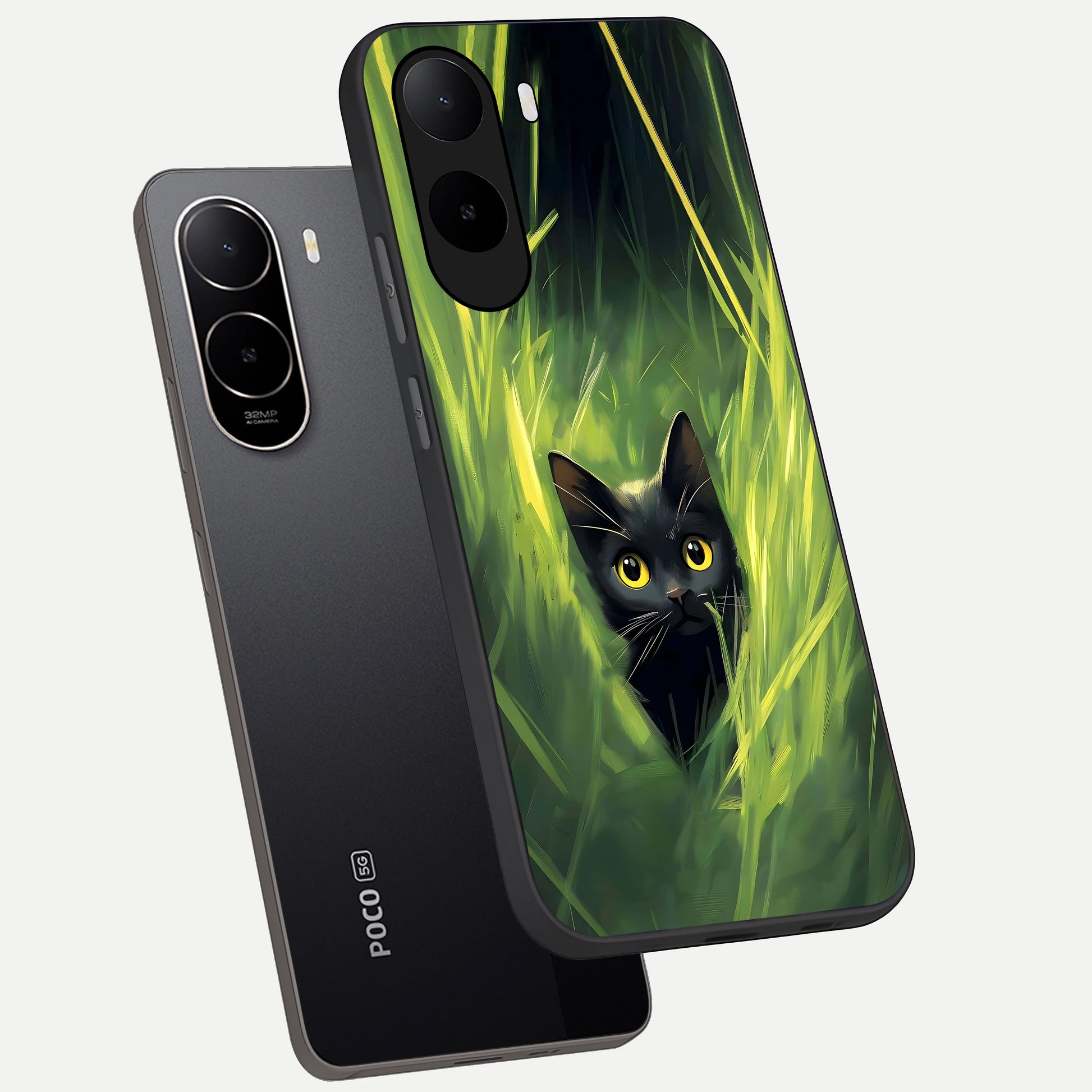  Hidden Cat Whisper phone case For Poco C85x showing premium glass back cover with detailed artwork