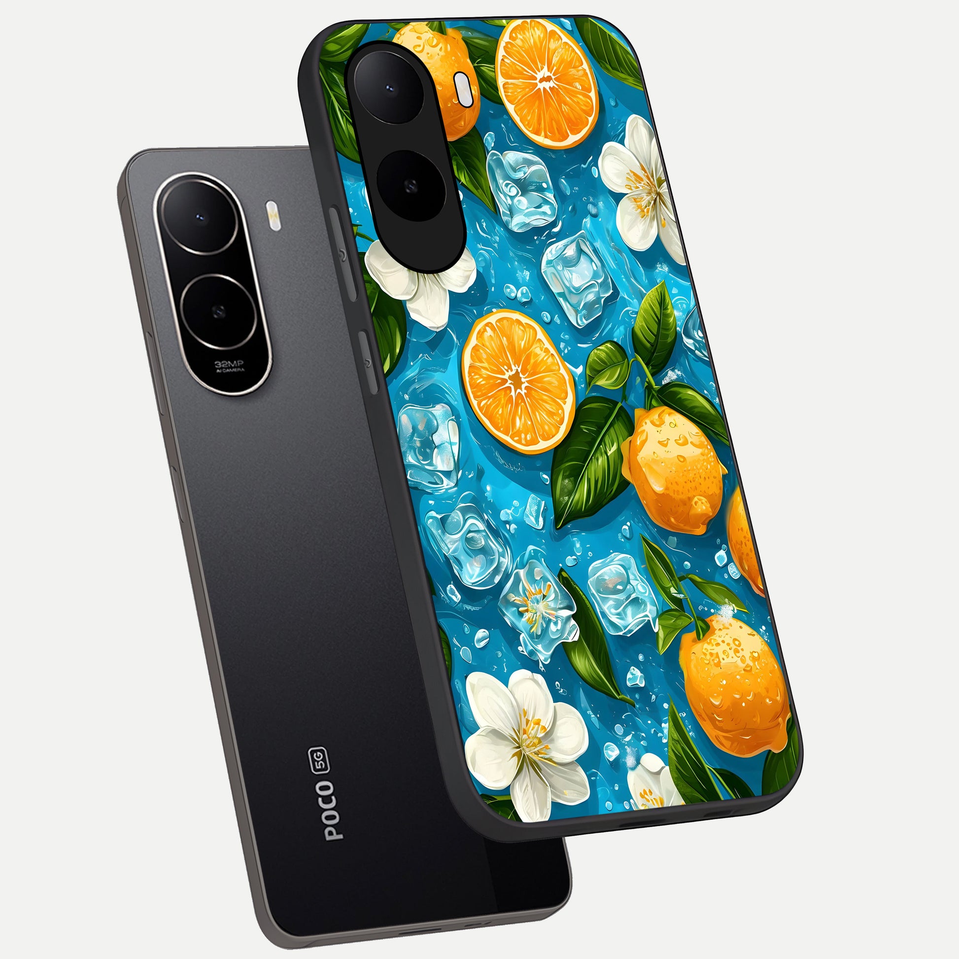  Ice Cube With Orange phone case For Poco C85x showing premium glass back cover with detailed artwork