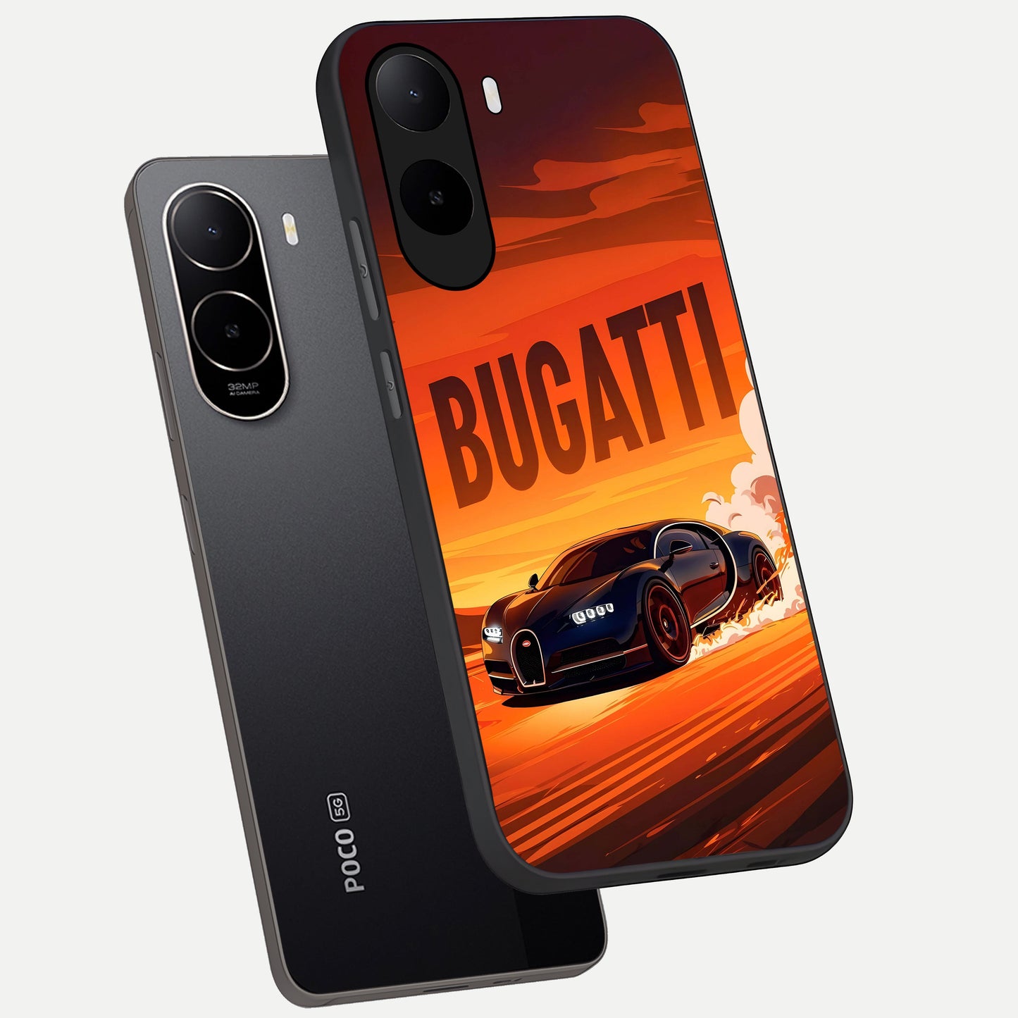  Inferno Bugatti Storm phone case For Poco C85x showing premium glass back cover with detailed artwork