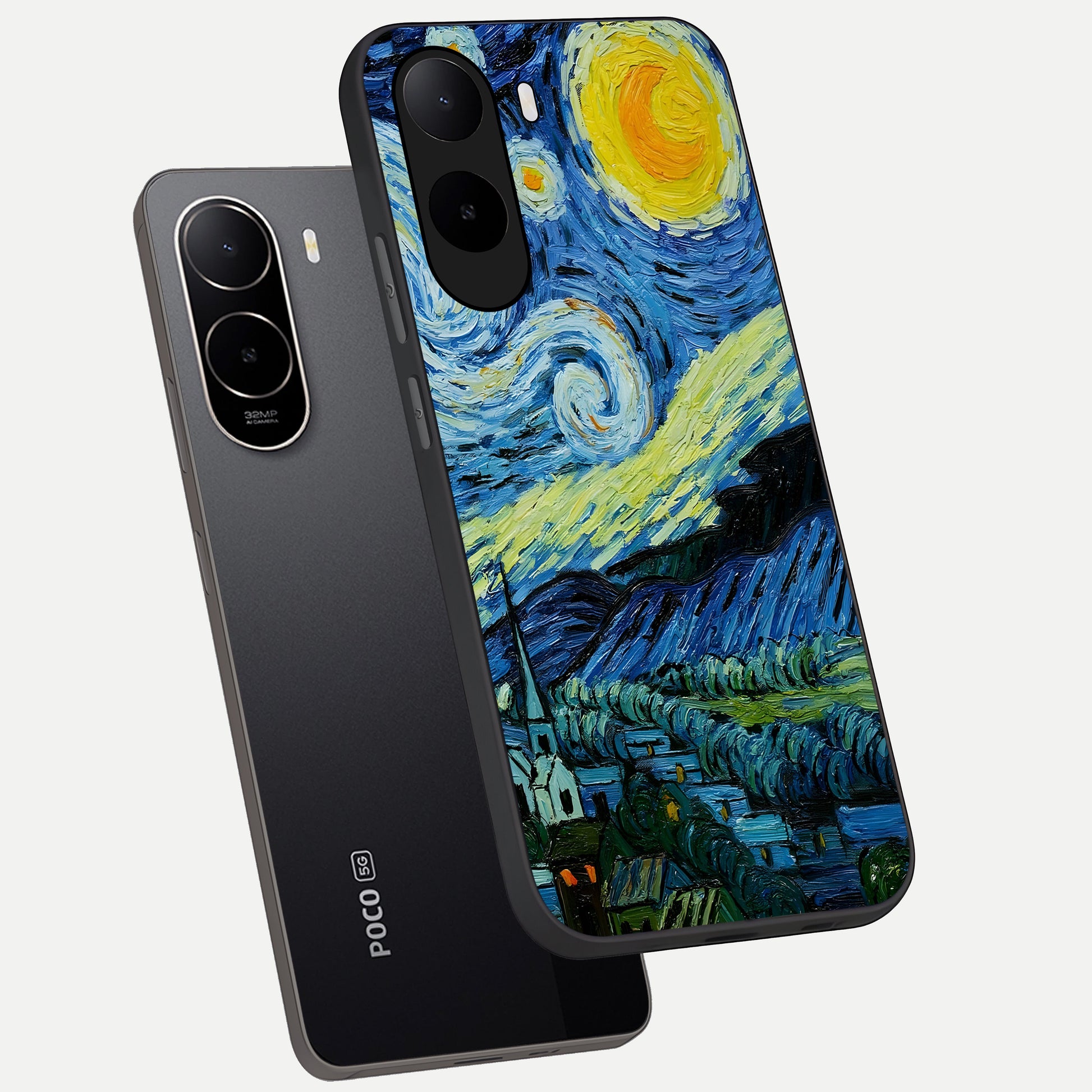  Inspired Van Gogh Art phone case For Poco C85x showing premium glass back cover with detailed artwork