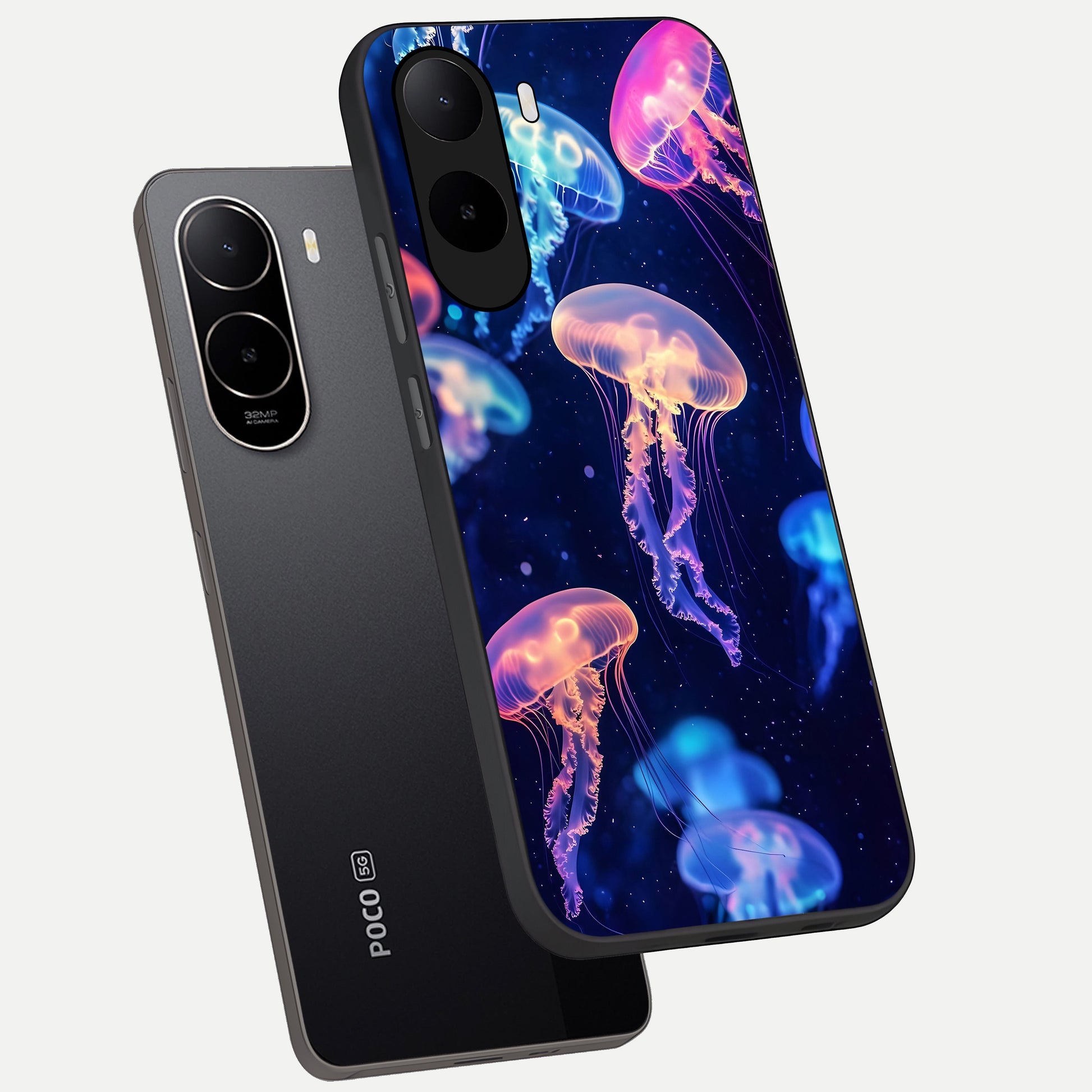  Jellyfish Pattern phone case For Poco C85x showing premium glass back cover with detailed artwork