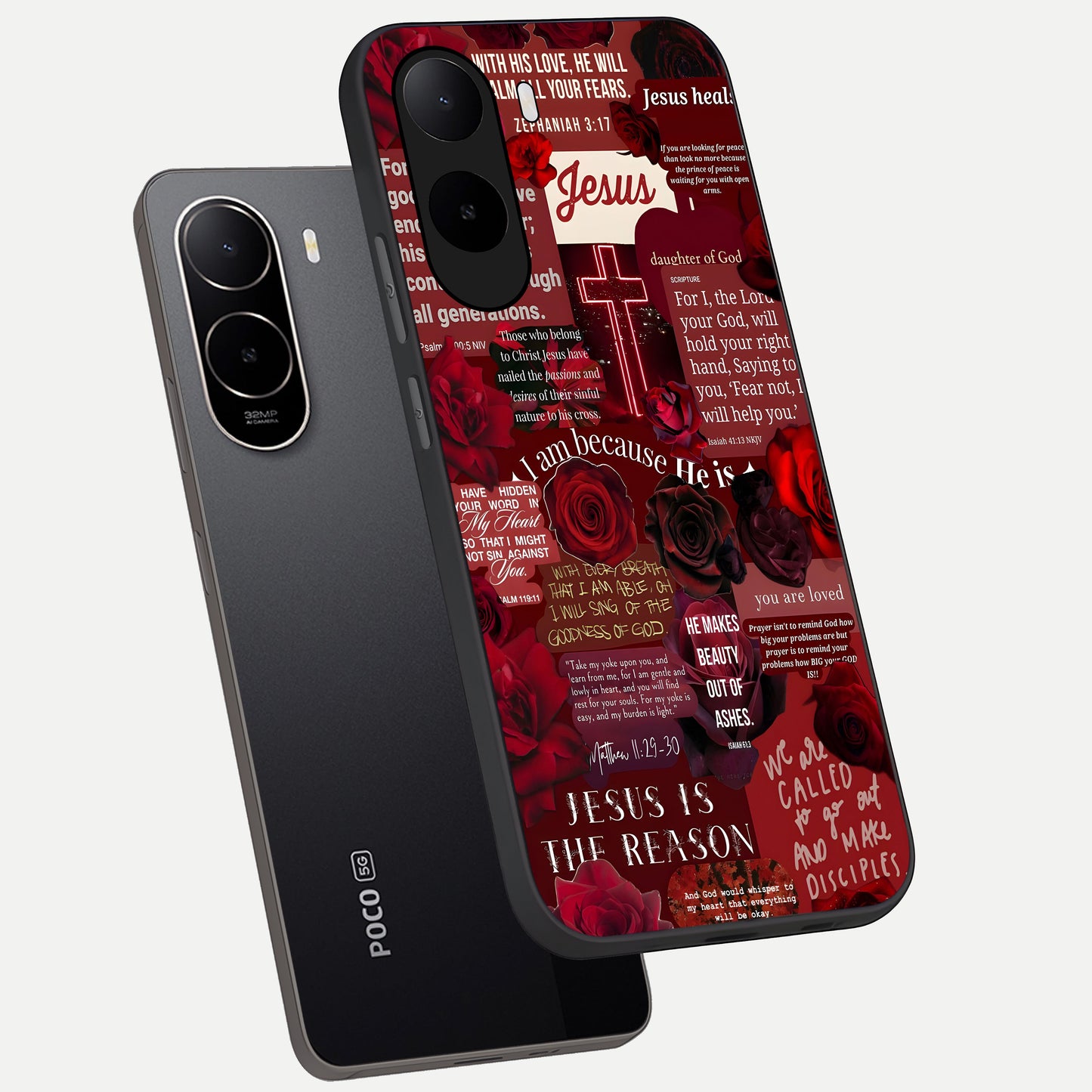  Jesus Love Heals phone case For Poco C85x showing premium glass back cover with detailed artwork