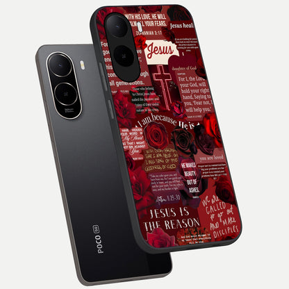  Jesus Love Heals phone case For Poco C85x showing premium glass back cover with detailed artwork